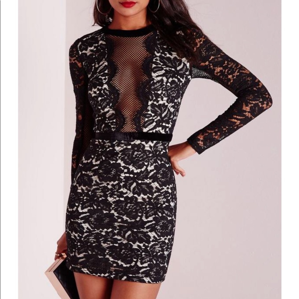 Black lace bodycon dress with mesh inserts